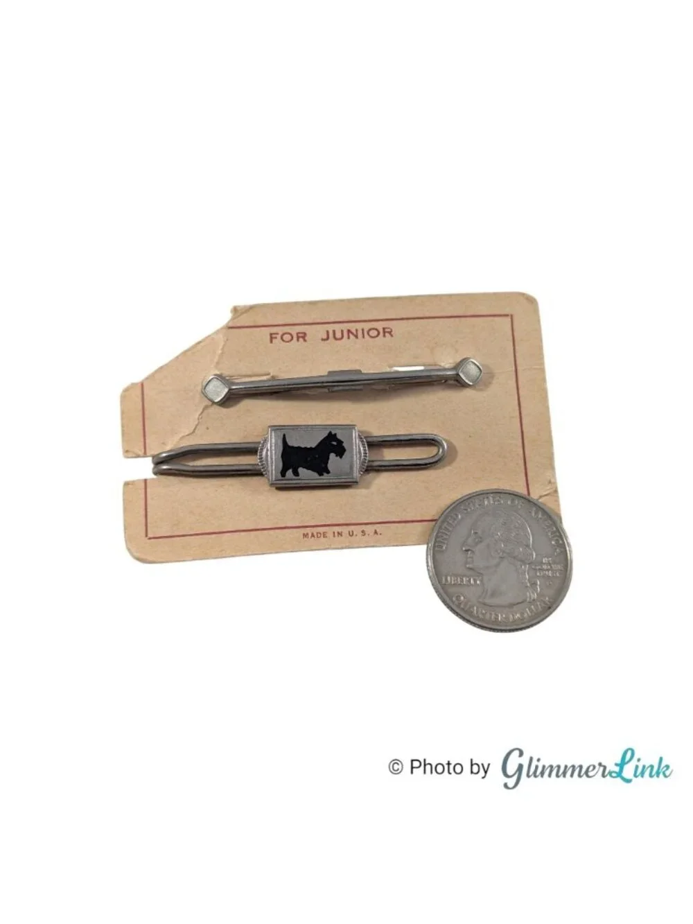 Vintage Junior Scottie Dog Original Card Silver Tone Tie Clip Collar Clip Set